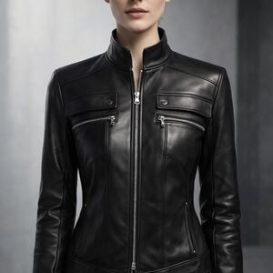 Women's Black Leather Stand-Collar Zip Jacket